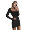 Long Sleeve Sexy Bodycon Dress Women 2022 Club Autumn Basic Solid Square Neck Wine Red Black Woman Mini Dress Winter