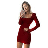 Long Sleeve Sexy Bodycon Dress Women 2022 Club Autumn Basic Solid Square Neck Wine Red Black Woman Mini Dress Winter