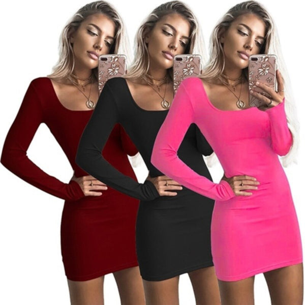 Long Sleeve Sexy Bodycon Dress Women 2022 Club Autumn Basic Solid Square Neck Wine Red Black Woman Mini Dress Winter