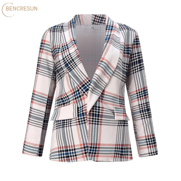Long Sleeve Slim Printed Plaid Blazers Women Retro Jacket Turn-down Collar Coat Pocket Female Autumn and Winter Jacket Ladies