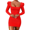 Long Sleeve Square Neck Spring Summer Black Wrap Ruched Bodycon Dress Women Sexy Backless White Elegant Short Mini Party Dresses