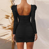 Long Sleeve Square Neck Spring Summer Black Wrap Ruched Bodycon Dress Women Sexy Backless White Elegant Short Mini Party Dresses