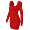 Long Sleeve Square Neck Spring Summer Black Wrap Ruched Bodycon Dress Women Sexy Backless White Elegant Short Mini Party Dresses