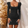 Long Sleeve Square Neck Spring Summer Black Wrap Ruched Bodycon Dress Women Sexy Backless White Elegant Short Mini Party Dresses