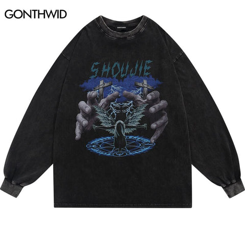 Long Sleeve T-Shirt Men Hip Hop Vintage Graphic Print Cotton Distressed Wash Tshirt Streetwear 2023 Harajuku Retro Casual Shirts