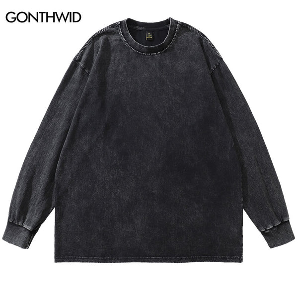 Long Sleeve T-Shirt Streetwear Men Solid Color Plain Casual Cotton Wash Distressed Tee Shirts Harajuku Loose Tshirt Tops