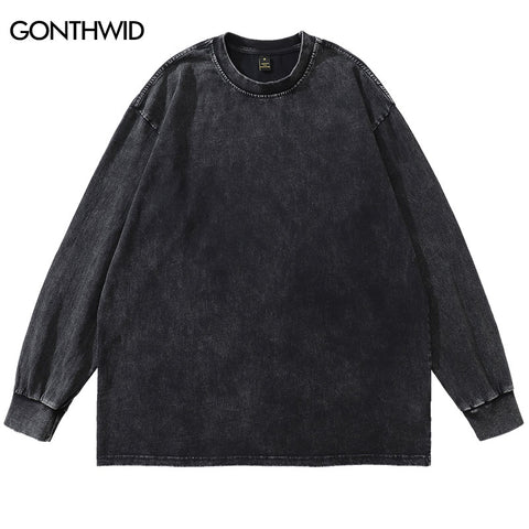 Long Sleeve T-Shirt Streetwear Men Solid Color Plain Casual Cotton Wash Distressed Tee Shirts Harajuku Loose Tshirt Tops