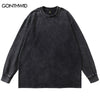 Long Sleeve T-Shirt Streetwear Men Solid Color Plain Casual Cotton Wash Distressed Tee Shirts Harajuku Loose Tshirt Tops