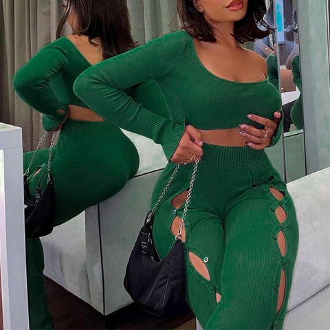 Long Sleeve Top Buckle Design Leggings Women Suit Backless Tops Tight Trousers Two-Piece Set Female 2023 Spring Lady Sexy Sets