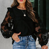 Long Sleeve Top Women Elegant Ruffle Blouse See Through Mesh Lantern Sleeve Round Neck Autumn Shirt MX0052
