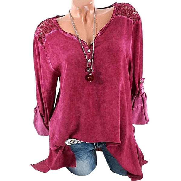 Long Sleeve V-neck Blouse Lace Tops Women 2022 Shirt Patchwork Tunic Ladies Hollow Out Crochet Blusas Plus Size 5XL