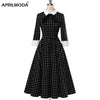 Long Sleeve Winter Black Plaid Vintage Tunic Dress Hepburn Gingham Retro Turn Down Collar Bowknot A Line Rockabilly Swing Dress