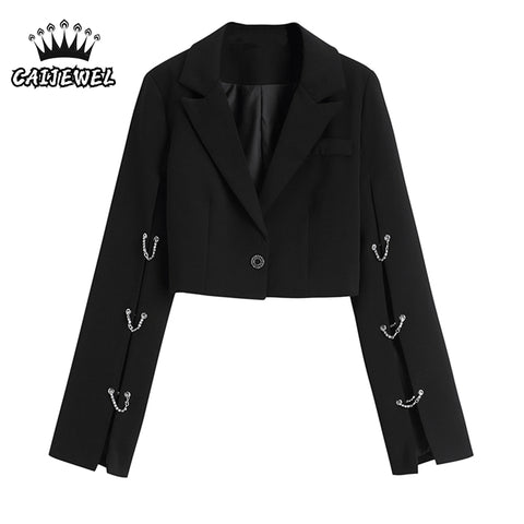 Long Sleeves Clothing Women Blazer Chic Lady Street Black Ladies Autumn Baggy Outerwear Short Tops Senior Office Coat