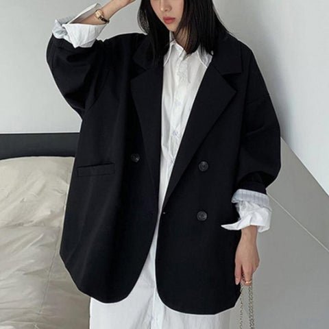 Long Sleeves Two Pockets Blazer Coat	Double-breasted Oversized Casual Blazer Autumn Winter Solid Color Casual Lapel Suit Jacket