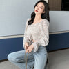 Long Slevee Blouses Streetwear Women Floral Print Pleated Blouses Female Shirts Square Collar Short Chiffon