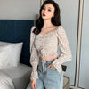 Long Slevee Blouses Streetwear Women Floral Print Pleated Blouses Female Shirts Square Collar Short Chiffon