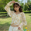 Long Slevee Blouses Streetwear Women Floral Print Pleated Blouses Female Shirts Square Collar Short Chiffon