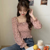 Long Slevee Blouses Streetwear Women Floral Print Pleated Blouses Female Shirts Square Collar Short Chiffon