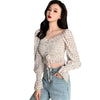 Long Slevee Blouses Streetwear Women Floral Print Pleated Blouses Female Shirts Square Collar Short Chiffon