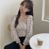 Long Slevee Blouses Streetwear Women Floral Print Pleated Blouses Female Shirts Square Collar Short Chiffon