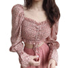 Long Slevee Blouses Streetwear Women Floral Print Pleated Blouses Female Shirts Square Collar Short Chiffon
