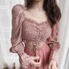 Long Slevee Blouses Streetwear Women Floral Print Pleated Blouses Female Shirts Square Collar Short Chiffon