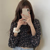 Long Slevee Blouses Streetwear Women Floral Print Pleated Blouses Female Shirts Square Collar Short Chiffon