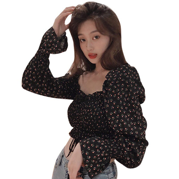 Long Slevee Blouses Streetwear Women Floral Print Pleated Blouses Female Shirts Square Collar Short Chiffon