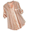 Long Women Plus Size Three Quarter Blouses Women Casual Striped Print V-neck Loose Fit Top Tee lady Blouse Zip-up Soft Shirt