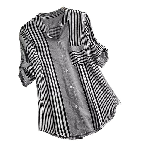 Long Women Plus Size Three Quarter Blouses Women Casual Striped Print V-neck Loose Fit Top Tee lady Blouse Zip-up Soft Shirt