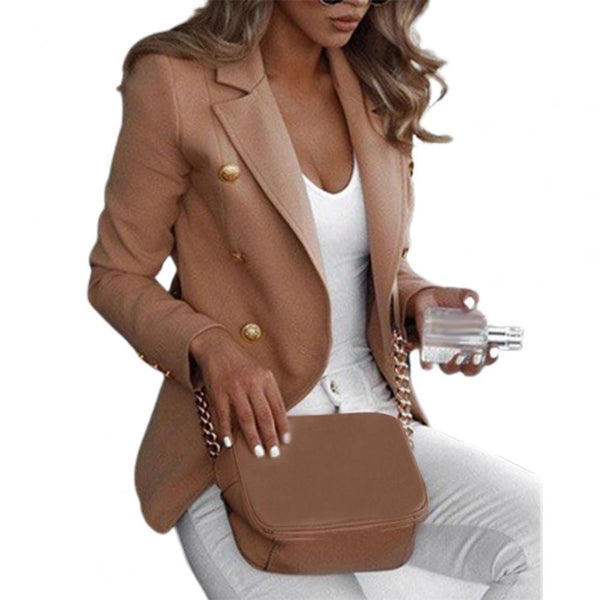 Long-sleeved Women Blazer Double-breasted Cotton Blend Tailored Collar Casual Women Blazer for Daily Wear