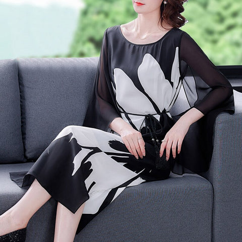 Loose 4XL Plus Size White Print Chiffon Midi Dress 2022 Summer Mulberry Silk Vintage Dress Women Elegant Bodycon Party Vestidos