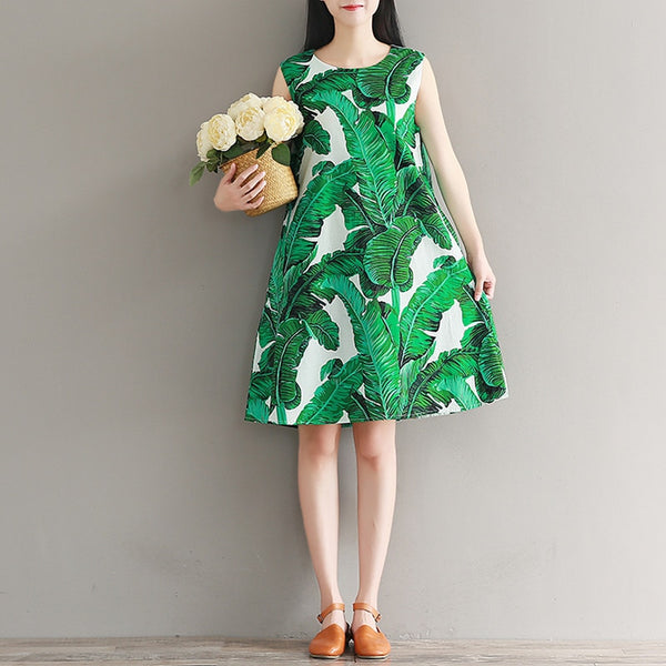 Loose A Line Cotton Dress 2022 Summer Women Casual O-Neck Sleeveless Vest Dress Green Leaves Print Beach Dresses Plus Size