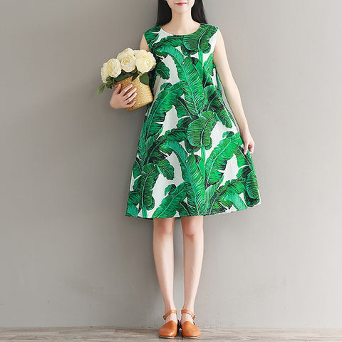 Loose A Line Cotton Dress 2022 Summer Women Casual O-Neck Sleeveless Vest Dress Green Leaves Print Beach Dresses Plus Size