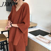 Loose Knitted Suit Autumn Women Set V Neck Long Pullovers Sweater + Wide Legs Pants Suit Female Tracksuit Two Piece Set Women
