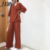 Loose Knitted Suit Autumn Women Set V Neck Long Pullovers Sweater + Wide Legs Pants Suit Female Tracksuit Two Piece Set Women