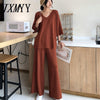 Loose Knitted Suit Autumn Women Set V Neck Long Pullovers Sweater + Wide Legs Pants Suit Female Tracksuit Two Piece Set Women