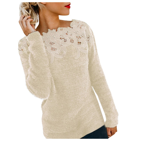 Loose Sweater Women Pullovers Casual Long Sleeve Solid Lace Patchwork Pullover Sweater Women roupas Femininas Autumn Winter