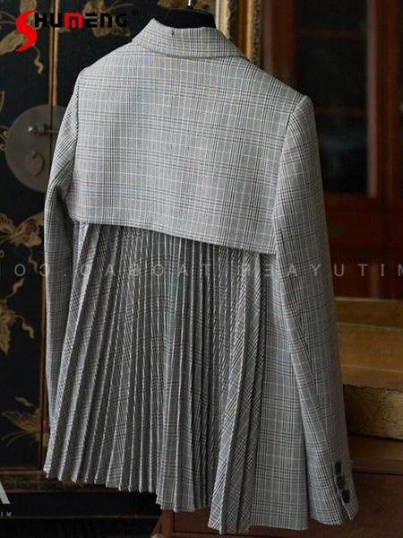 Loose Women Blazers and Jackets 2023 Fall Suit Collar Pleated Stitching Double Breasted Plaid Suit Plaid Jacket for Women