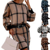 Loose Women Knitted Skirt Plaid Round Neck Autumn Winter Warm Office Lady Skirt Suit
