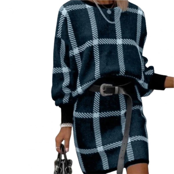 Loose Women Knitted Skirt Plaid Round Neck Autumn Winter Warm Office Lady Skirt Suit