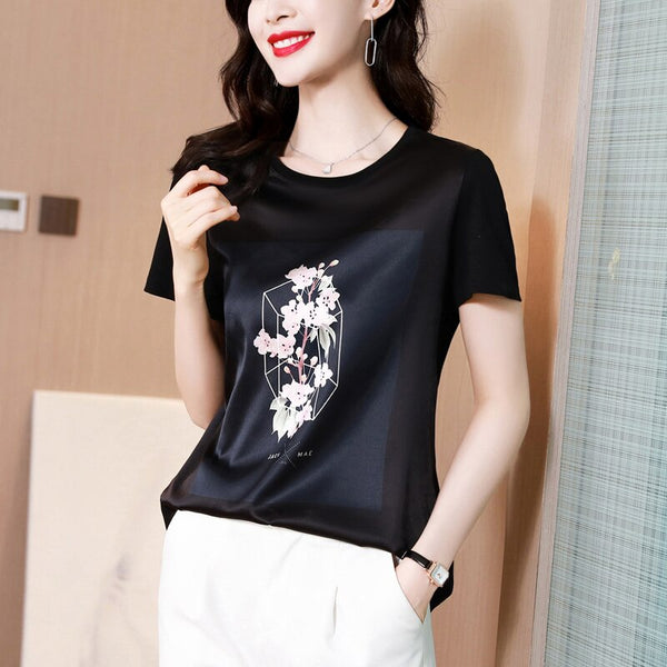 Loose Women's T-shirt Summer Short Sleeve Tees Female Clothes Printing T Shirt Casual O-Neck Satin Top