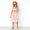Women Casual A Line Dress V Neck Solid Polyester Summer Dresses For Women Knee Length Dress Pockets Beach Dress For Women