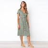 Women Casual A Line Dress V Neck Solid Polyester Summer Dresses For Women Knee Length Dress Pockets Beach Dress For Women