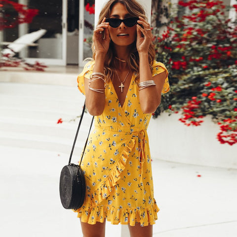 Women Loose Short Sleeve V-Neck Ruffles Print Casual Yellow Summer Chiffon Dress 2022 Beach Elegant Mini Dresses vestido
