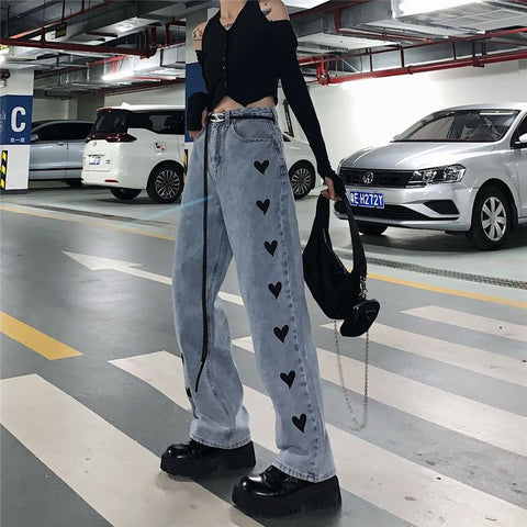 Love Embroidered Jeans Women 2022 Spring/Autumn Punk Goth Straight Mopping Bootcut Pants Vintage High Waist Preppy Trousers