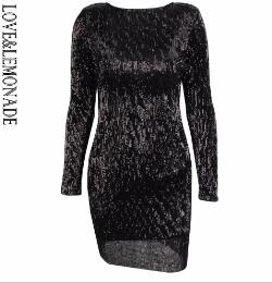 Sexy Open Back Pad Shoulder Elastic Sequins Bodycon Dress Black/Red/White/Champagne LM0398