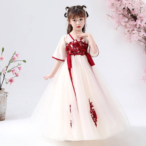 Lovely Style Dynasty Performance Teenage Girls Embroidery Short Sleeve Summer  Kids Dress Chiffon  Chinese Traditional Hanfu