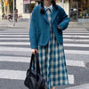 Luck A Autumn Women Elegant Blue Notched Blazer+Pleated Skirt Set Lady Long Skirts Single Botton Blazer Preppy Style 2pc Set