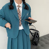 Luck A Autumn Women Elegant Blue Notched Blazer+Pleated Skirt Set Lady Long Skirts Single Botton Blazer Preppy Style 2pc Set